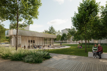 park v rezidenčním projektu Nové Podhořany s pavilonem kavárny a komunitním prostorem obklopeným zelení